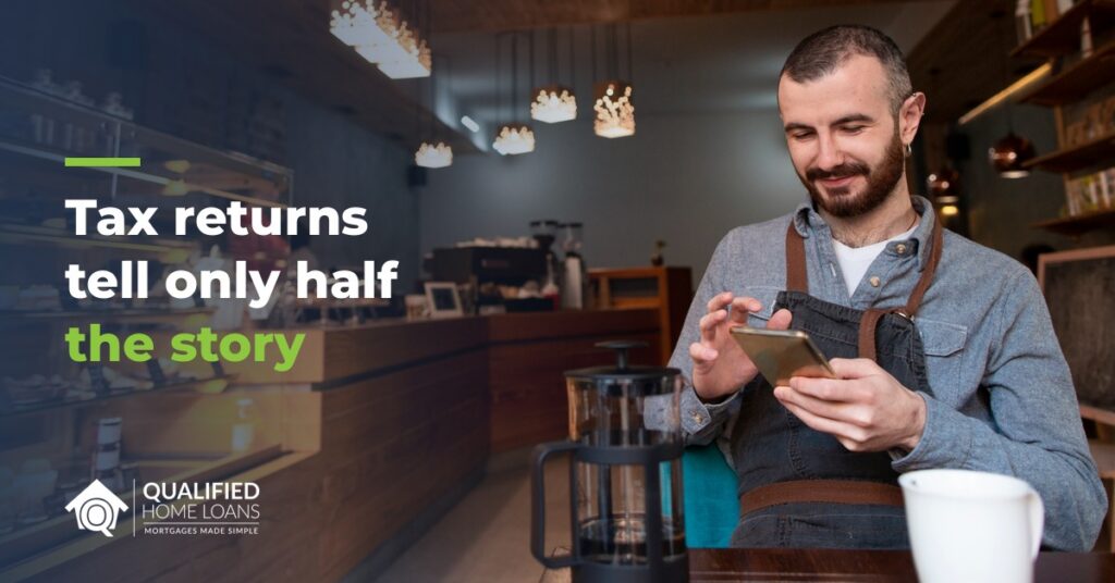 Cafe owner checking a tablet behind his counter, with the headline Tax returns tell only half the story