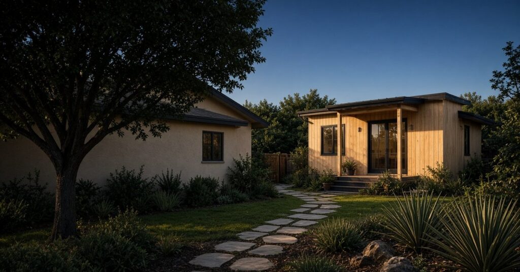 Modern backyard ADU cottage behind a California home at golden hour
