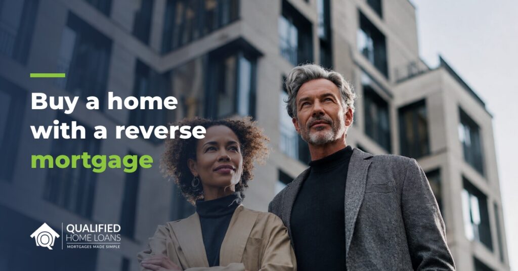 Mature couple standing outside a residential building, with the headline Buy a home with a reverse mortgage