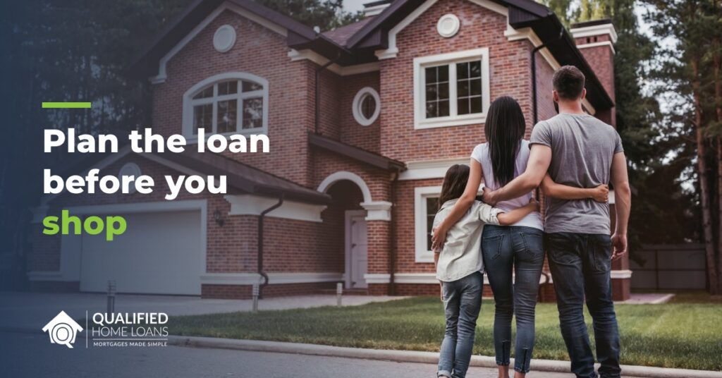 Family standing together in front of a brick home, with the headline Plan the loan before you shop