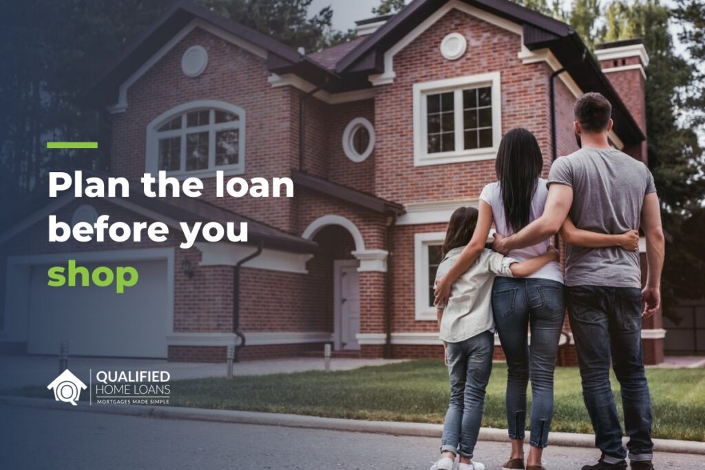 Family standing together in front of a brick home, with the headline Plan the loan before you shop